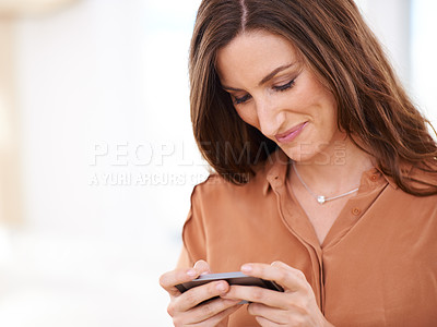 Buy stock photo Typing, connection and woman with a smartphone, internet and website information with message and texting. Person, mobile user and girl with cellphone or reading online news and blog with digital app