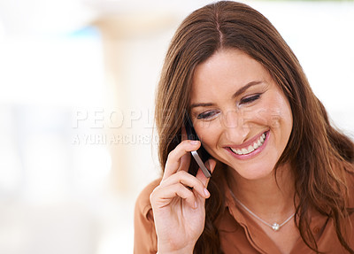 Buy stock photo Woman, smile and phone call in home for communication, conversation and talking with happiness. Female person, smartphone and joyful in house for networking, connectivity and technology with mobile