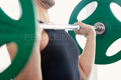 Buy stock photo Man, hands and arm weightlifting in a gym with athlete wellness and healthy from workout. Fitness, bodybuilder and male person with weights power from strong muscle and training at health club