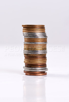 Buy stock photo Money, coins stack and change on table top for finance, investment and cash tips for budgeting progress. Savings pile, counting rands or bank balance for economic recession, earnings or banking funds