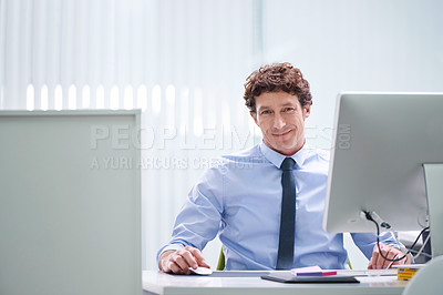 Buy stock photo Man, office and portrait with computer and desk, happy and confident corporate male person sitting in workspace. Technology, digital search administrator and smile, browse internet on business pc