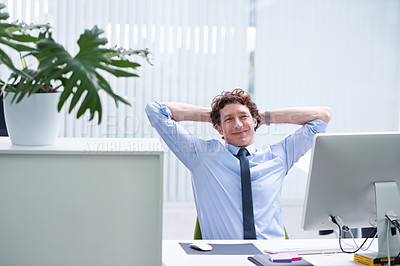 Buy stock photo Man, office and relax portrait with computer, happy and confident corporate male person sitting and workspace desk. Technology, digital search administrator or smile, browse internet on business pc