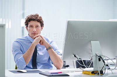 Buy stock photo Business man, portrait and computer for project management in office, networking and check email. Male person, entrepreneur and pride for startup company, website and professional for online research