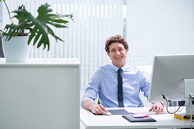 Buy stock photo Businessman, office and portrait with corporate technology and desk, happy and confident male person sitting. Workspace, digital search and administrator with smile, browse internet on business pc