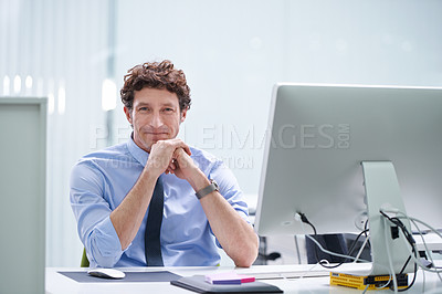 Buy stock photo Web designer, computer and portrait with office, work and company support with technology. Man, suit and desk with connectivity, collaboration and desktop for workplace with smile and happiness
