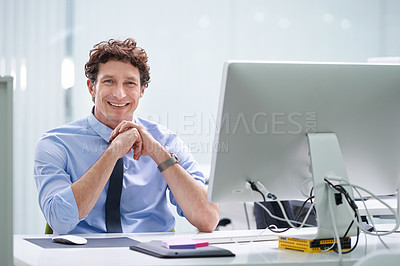 Buy stock photo Business man, portrait and computer for plan in office, networking and check email. Male person, entrepreneur and pride for startup company, website and professional for online research in workplace
