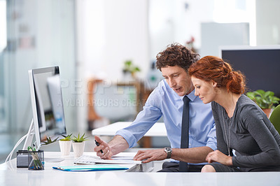Buy stock photo Business, man and woman with documents, talking and collaboration at the office, partnership and conversation. Staff, female employee and male consultant with paperwork, discussion and brainstorming