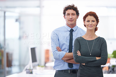 Buy stock photo Business people, portrait and confidence for partnership in office, lawyers and support in firm. Colleagues, teamwork and pride for cooperation in workplace, together and employees in startup company