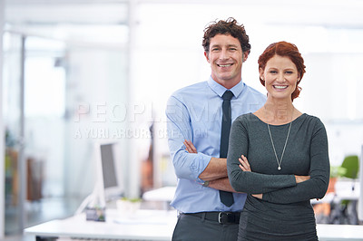 Buy stock photo Happy, pride and portrait of business people with arms crossed at work for partnership and collaboration. Smile, success and a businessman and woman smiling for company confidence and happiness