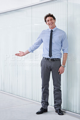 Buy stock photo Full length shot of a young businessman gesturing with his arm