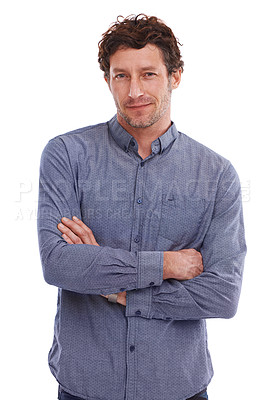 Buy stock photo Businessman, portrait and confidence in studio or career professional as financial advisor, accounting or invest. Male person, face and arms crossed on white background for company, growth or mockup