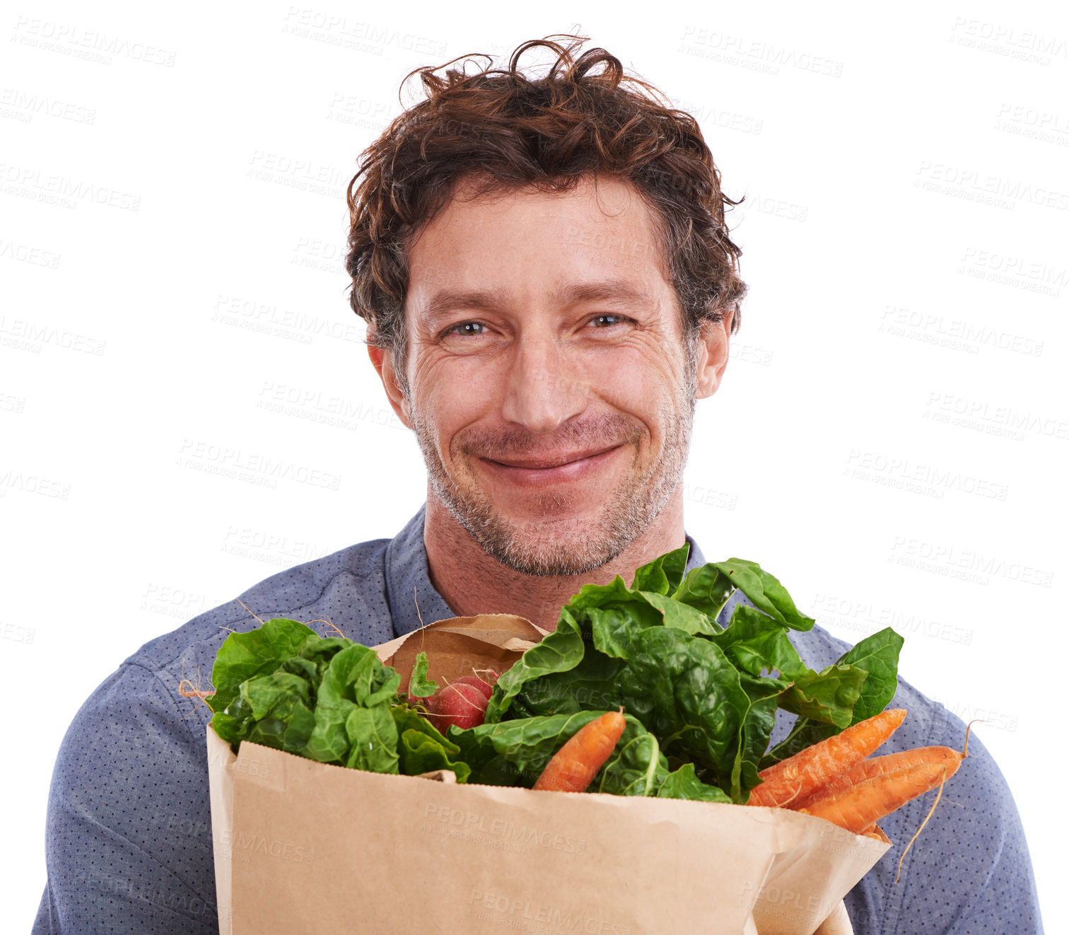 Buy stock photo Studio, happy and portrait of man with groceries on promotion, sale or discounts deal on nutrition. Smile, delivery offer and male person with healthy food for cooking, organic fruits or diet choice