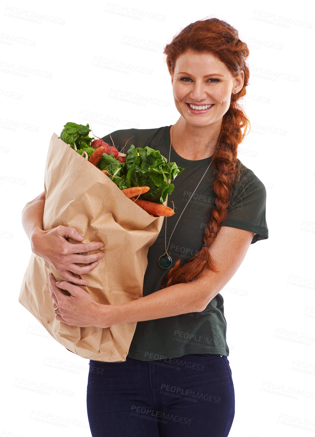 Buy stock photo Happy woman, portrait and groceries in studio for product, discount and vegetable shopping. Person, delivery offer and smile in white background for nutrition, healthy food and fruits for diet choice