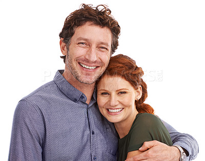 Buy stock photo Couple, portrait and hug for love in studio, romance and smile for relationship on white background. Happy people, commitment and trust in security of marriage, bonding and embrace for anniversary