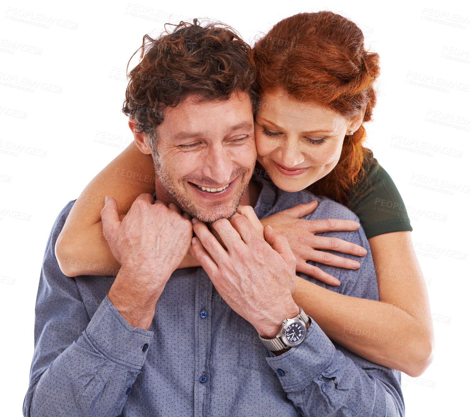 Buy stock photo Couple, support and hug for love in studio, romance and smile for relationship on white background. Happy people, commitment and trust in security of marriage, bonding and embrace for anniversary