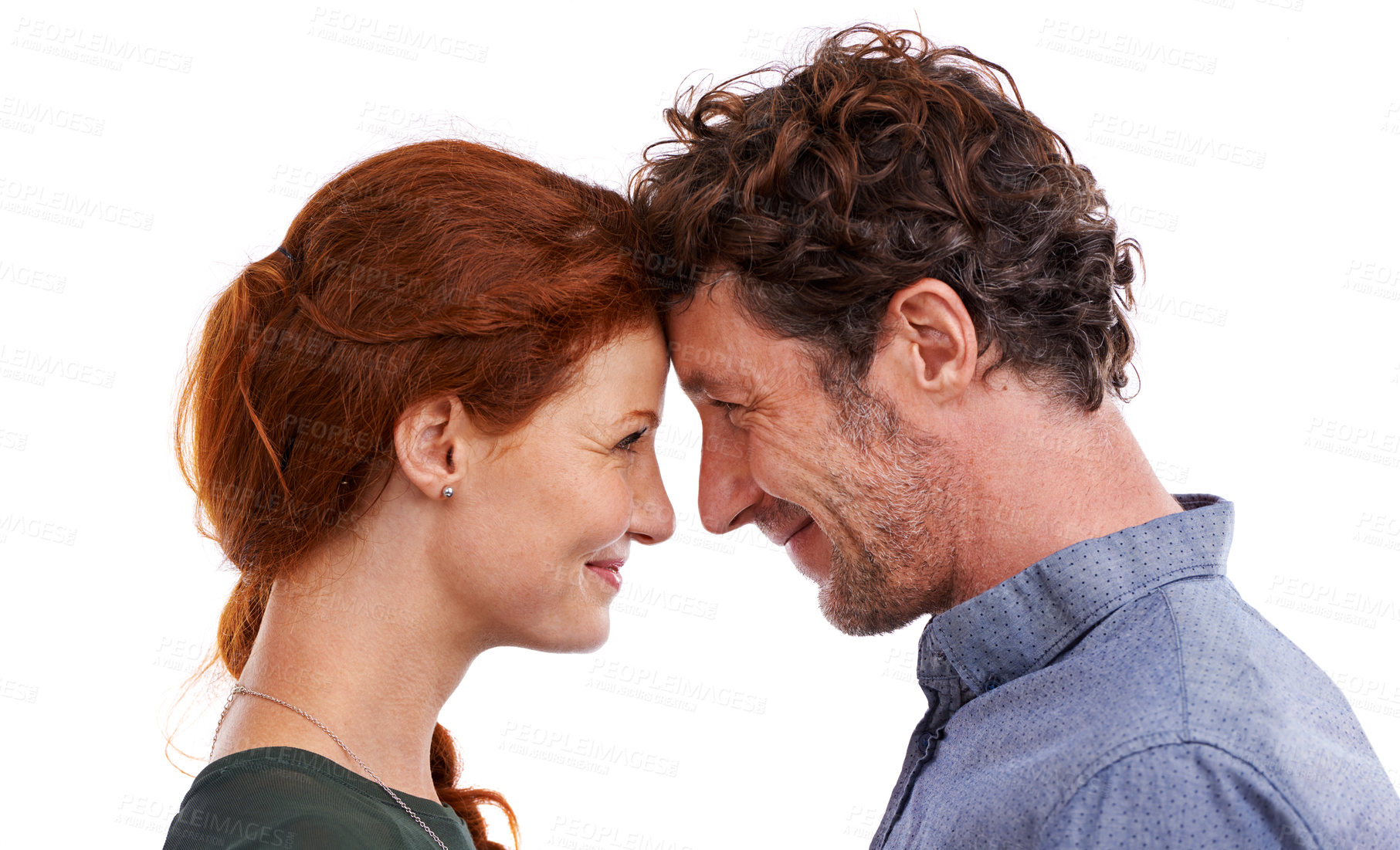 Buy stock photo Couple, forehead touch and love in studio, romance and smile for relationship on white background. Happy people, commitment and trust in security of marriage, bonding and affection for anniversary