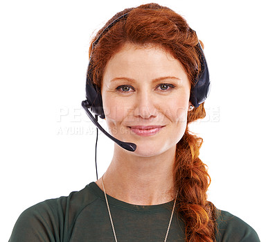 Buy stock photo Woman, headset and receptionist for networking in studio, customer service and crm by white background. Female person, consultant and helpdesk advisor or representative, hotline and technical support