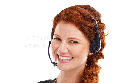 Buy stock photo Woman, headset and receptionist portrait in studio, customer service and crm by white background. Female person, consultant and helpdesk advisor or representative, mockup space and technical support