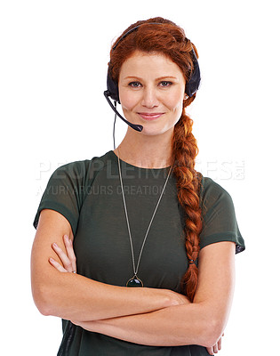Buy stock photo Portrait of an attractive young customer service representative wearing a headset