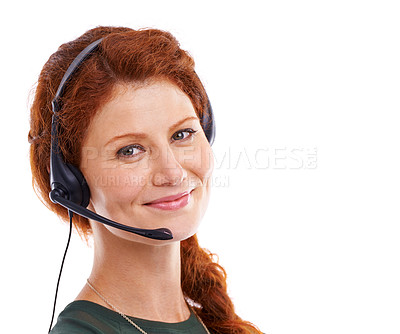 Buy stock photo Woman, headset and portrait of agent in studio, customer service and crm by white background. Female person, consultant and helpdesk advisor or representative, mockup space and technical support