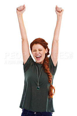 Buy stock photo Excited woman, fist pump and celebration in studio for winning, promotion and bonus. Happy, female person and screaming for profit prize, discount and competition on deal or sale on white background