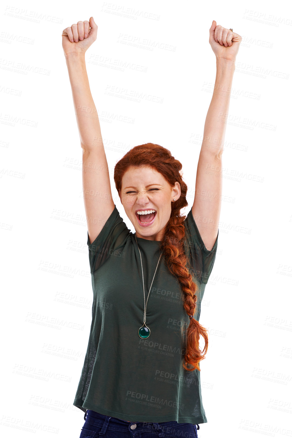 Buy stock photo Excited woman, fist pump and celebration in studio for winning, promotion and bonus. Happy, female person and screaming for profit prize, discount and competition on deal or sale on white background
