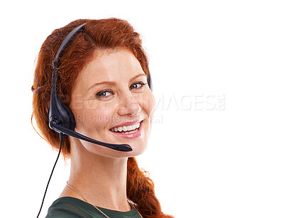 Buy stock photo Woman, headset and portrait for consultant in studio, customer service and crm by white background. Female person, mockup space and helpdesk advisor or representative, hotline and technical support
