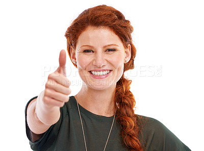 Buy stock photo Cropped shot of a beautiful young woman showing thumbs up