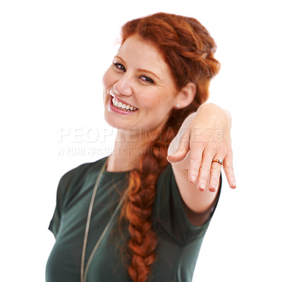 Buy stock photo Happy, excited and portrait of woman in studio for proposal, wedding or commitment with white background. Hands, smile and face of female person for engagement ring, diamond jewelry and announcement