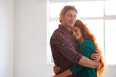 Buy stock photo Couple, hugging and affectionate with love, affection in home together with female person and husband. Trust, care and romantic in relationship with happy married people, compassion and bonding