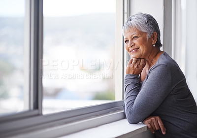Buy stock photo Window, senior woman and thinking with smile, home and retirement with peace and problem solving. Old person, elderly lady and pensioner with view or happiness with nostalgia and solution with choice