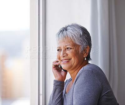 Buy stock photo Phone call conversation, window view and elderly woman smile, communication and talking to retirement contact. Listening, connection and senior female person, lady or cellphone user chat on mobile