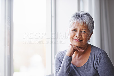 Buy stock photo Portrait, sunshine and window with senior woman, confidence and home with retirement and relaxing. View, old person and pensioner with summer and weekend break with afternoon, aged and happiness