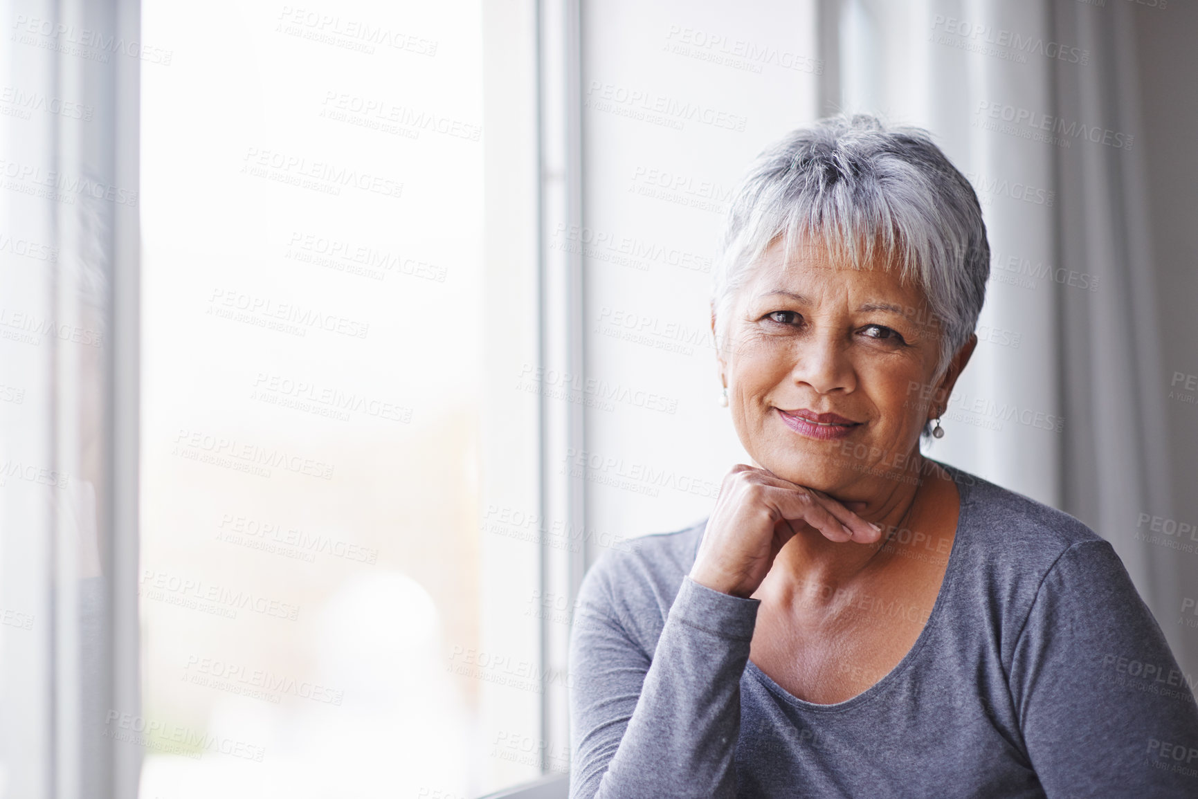 Buy stock photo Portrait, sunshine and window with senior woman, confidence and home with retirement and relaxing. View, old person and pensioner with summer and weekend break with afternoon, aged and happiness