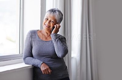 Buy stock photo Phone call communication, smile and elderly woman talking, consulting and chat on mobile conversation, discussion or networking. Listening, relax and senior person talk to cellphone contact in Mexico