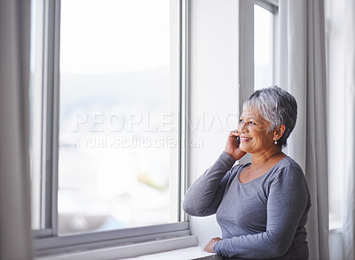 Buy stock photo Phone call, window view and senior happy woman speaking, smile and talking to  Mexico retirement contact. Listening, happiness and elderly person, lady or female smartphone user consulting on mobile