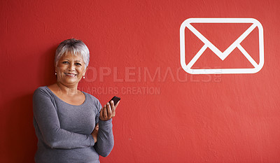 Buy stock photo Portrait or woman, smartphone and message in mockup, notification and text on mobile for networking. Elderly person, smile and happy with cellphone for communication, connectivity and phone with tech