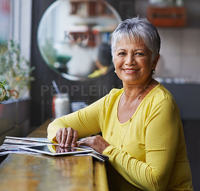 Buy stock photo Portrait, smile and senior woman with a tablet, cafe and online reading with joy, social media or connection. Face, mature female person or elderly lady with technology, happy or relax at coffee shop
