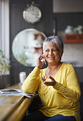 Buy stock photo Phone call communication, cafe and elderly woman speaking on smartphone discussion, conversation or restaurant chat. Networking, coffee shop customer or senior female client talking in retail store