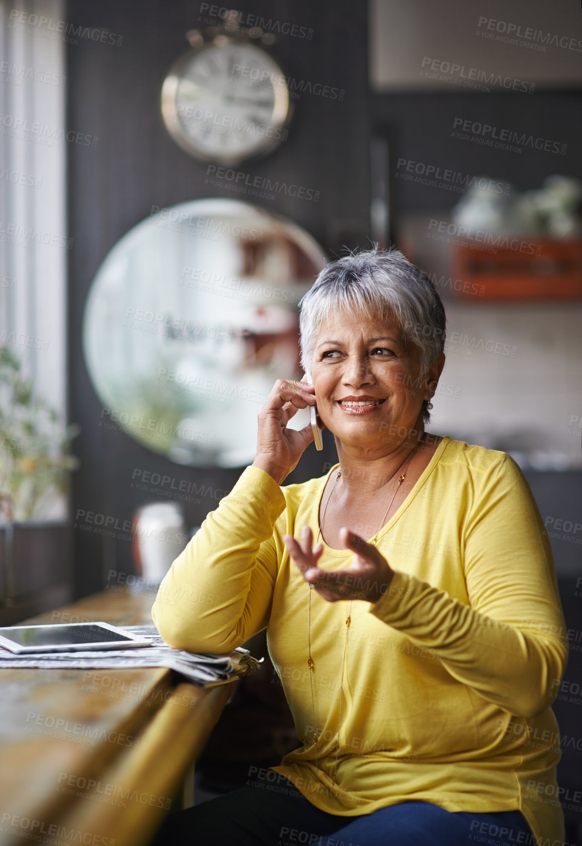 Buy stock photo Phone call communication, cafe and elderly woman speaking on smartphone discussion, conversation or restaurant chat. Networking, coffee shop customer or senior female client talking in retail store