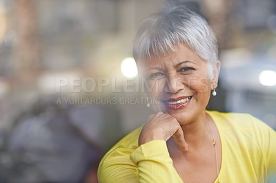 Buy stock photo Portrait, smile and mature woman at coffee shop window to relax for break, retirement or weekend. Face, happy or wellness and confident customer with gray hair in cafe or restaurant for hospitality