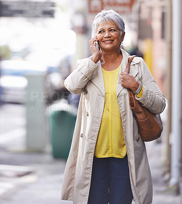 Buy stock photo Phone call, city walk and senior woman talking on cellphone discussion, communication or chat to smartphone user. Urban travel, connectivity and elderly person consulting, commuting or talk on mobile