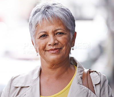 Buy stock photo Senior woman, smile and portrait in outdoor or urban for style and travel in city for retired and elderly in Amsterdam. Happy person and pensioner with makeup and hairstyle for  unwind and relax   