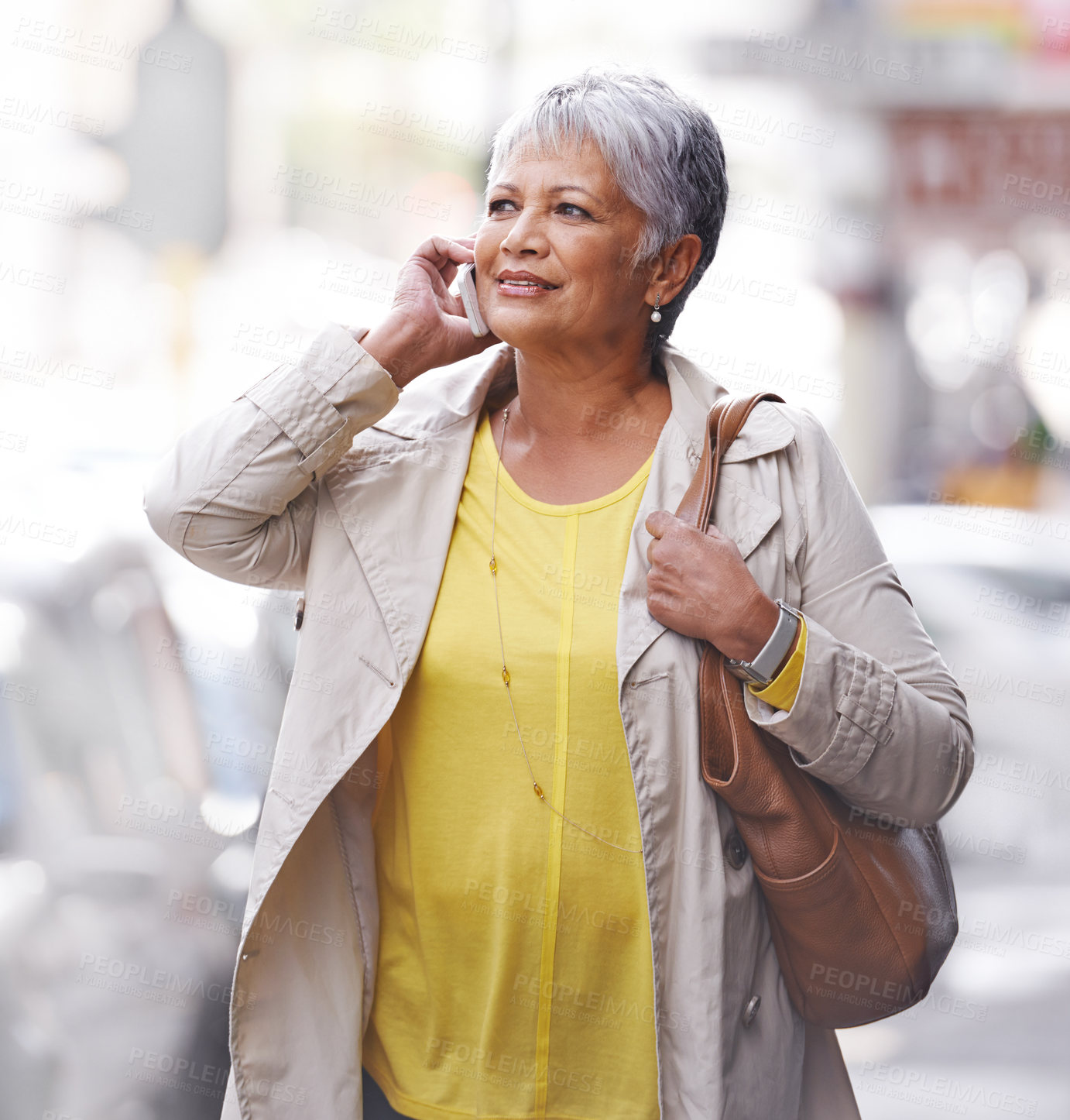 Buy stock photo Phone call, communication and senior woman walk, travel or on urban city commute while talking to cellphone contact. Discussion, conversation and elderly person consulting, speaking or chat on mobile