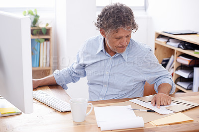 Buy stock photo Man, documents and notes in office for resume, paperwork or report in morning for review and read with computer. Businessman with stationery and folder or file for info or results for scan with tech