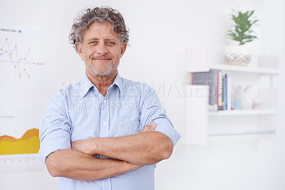 Buy stock photo Businessman, smile and portrait in office for boss and career for organization, agency or company. Executive and happy with male person with arm fold for confidence and profession for data on graph