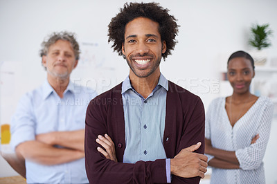 Buy stock photo Man, smile and portrait in office with colleagues for meeting, research and career for organisation, agency or company. Diverse, team and coworkers for planning, teamwork and profession for collab