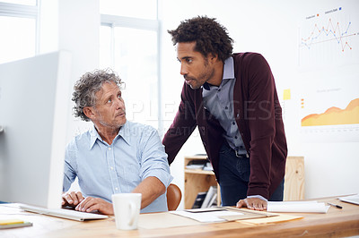 Buy stock photo Intern, mentor or employer in office with computer for internet, help or guide online in morning or indoor. Coworker, tech and desk with coffee for research, collaboration or career in company


