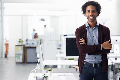 Buy stock photo Portrait, smile and business black man arms crossed in office for start of career with space. Agency, enterprise and happy young professional employee in design workplace for creative career