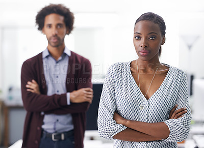 Buy stock photo Portrait, serious and arms crossed with business people in office together for collaboration or ambition. Company, teamwork and confident black woman with man colleague in design workplace for career